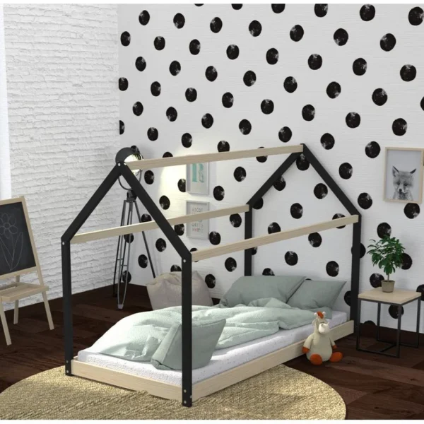 BUT Lit Cabane 90×190 Cm PANDA Avec Sommier Imitation Chêne Et Noir Les achats en ligne 3